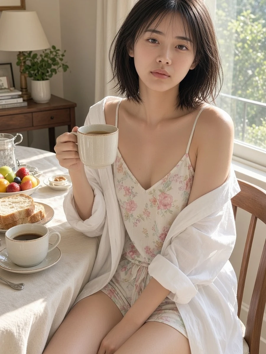 朝の光の中でマグカップを持つ凪希